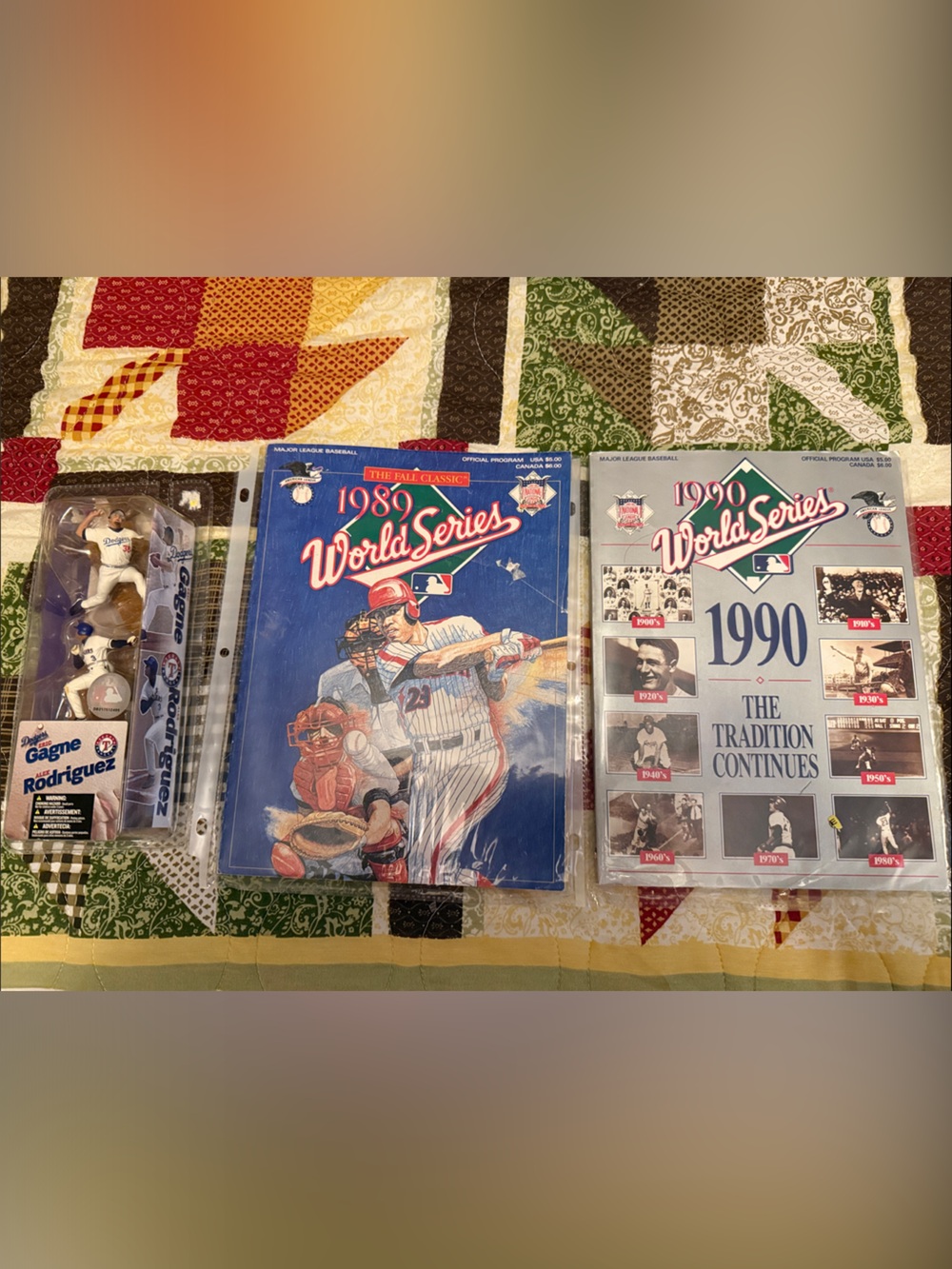1990 & 1989 World Series Collectible Programs with Baseball Figure of Rodriguez